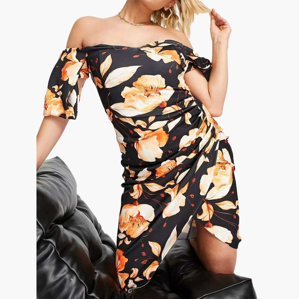 ASOS sweetheart neck wrap tuck off shoulder bardot midi dress in floral